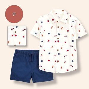 Boys 2-Piece Summer Outfit Set – Patriotic Stars Button-Up Shirt & Navy Shorts